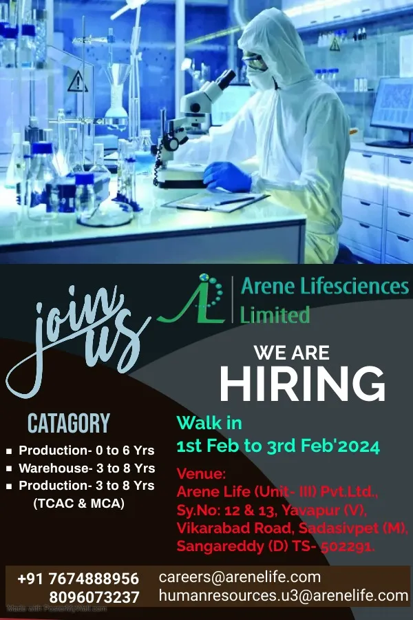Arene Lifesciences - Walk-In for Freshers & Experienced in Production, Warehouse on 1st - 3rd Feb 2024